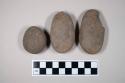 Flint, 3 stones, smooth surface, each chipped at one end, flat, oval, gray