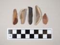 Flint blades, including tan, grey, brown, cream, black and rust colored stone, some contain cortex