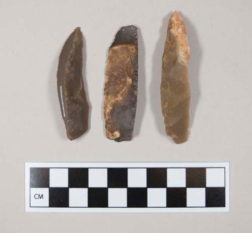 Flint, 3 blades, two with cortex, tan, brown, gray