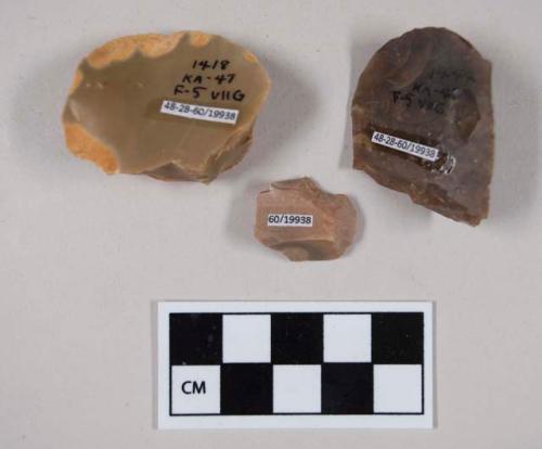 Chipped stone, flakes?, tan, brown, cream, reddish in color, some cortex