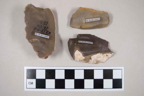 Chipped stone, worked flint pieces with some cortex and evidence of use