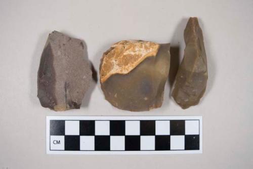 Chipped stone, flint with cortex, scrapers, one with with possible graver (burin) at one end