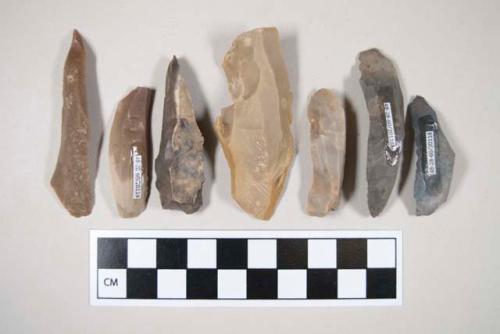 Chipped stone, flint blades, some with cortex, some with evidence of use, at least one polished at edge