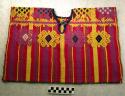 Child's top. red, purple, yellow striped background, designs in yellow, blue, pu