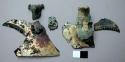 Metal figure fragments, gold platted, very corroded, head of figure bell?