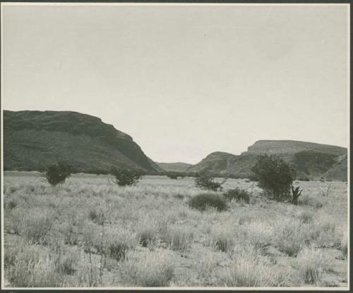 Landscape with bushes or trees, and hills (print is a cropped image)