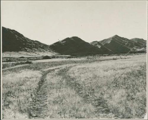 Truck tracks, with mountains in background (print is a cropped image)