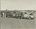 Expedition members standing next to trucks (print is a cropped image)