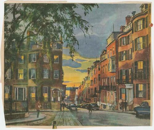 Magazine or newspaper clipping of a colorful street, located in the back of Samuel Kirland Lothrop's photograph album