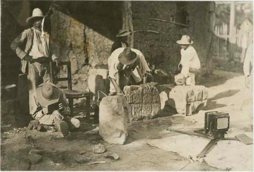 Sylvanus Griswold Morley and expedition crew with stela, possibly Copan