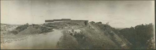 Chichicastenango landscape, building on top of hill in background