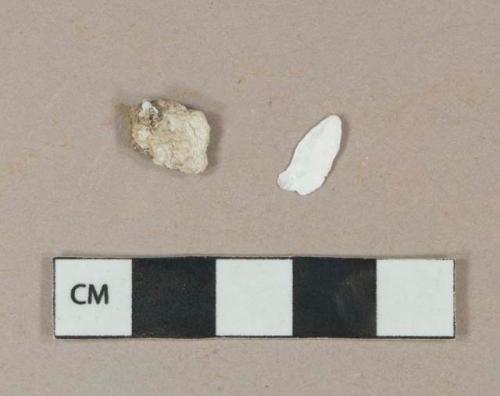 1 white shell fragment, heavily degraded; 1 buff-colored coal ash/clinker fragment