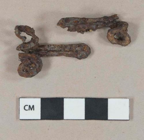 Ferrous, metal hook fragments, cloak closure; heavily corroded