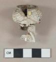 Pipe, white kaolin, figural pipe bowl fragment; form of a bearded and moustached man in a turban, painted decoration, burned interior, possible "Jacob" form