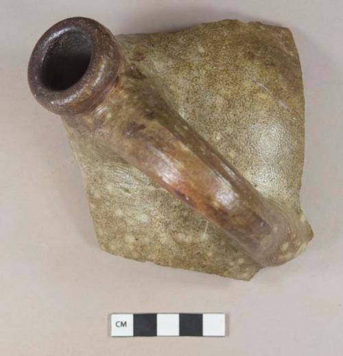 Greenish brown salt-glazed stoneware partial jug fragment with handle, gray paste, dark brown interior