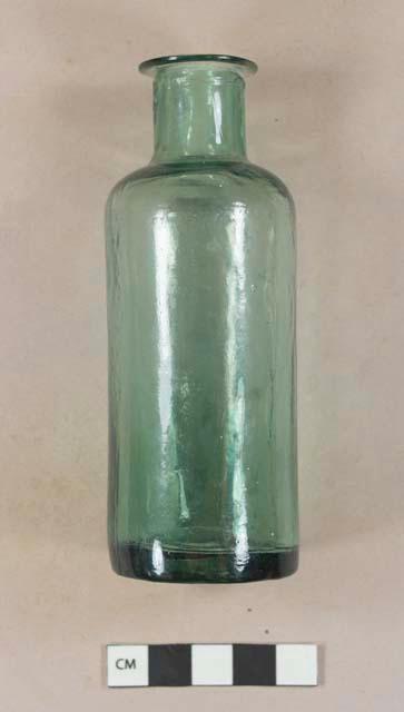 Glass, mold blown, medicinal, intact bottle; green, prescription lip, mold blown, no kick up, pontil scar