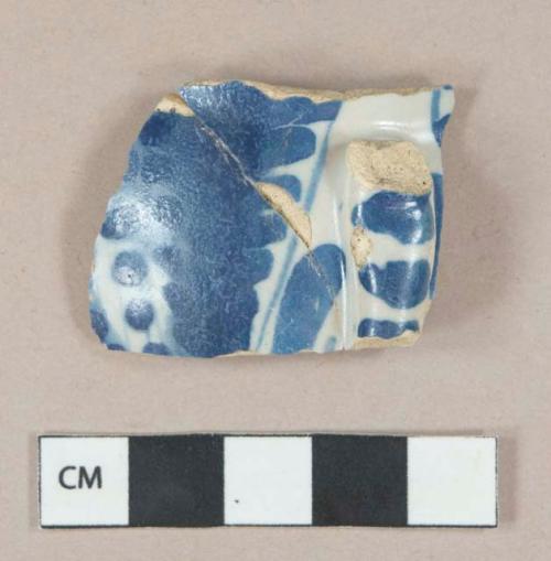 Earthenware, blue on white tin-glazed, vessel sherd; handpainted, handle