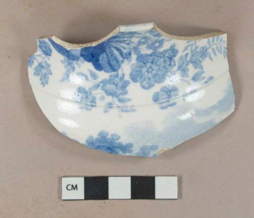 Earthenware, refined, whiteware; blue transferprinted, body sherd with rim, white paste