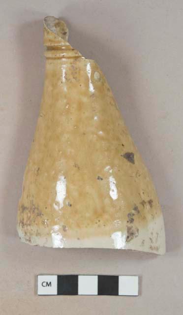 Tan and white bristol glazed stoneware bottle neck fragment, gray paste