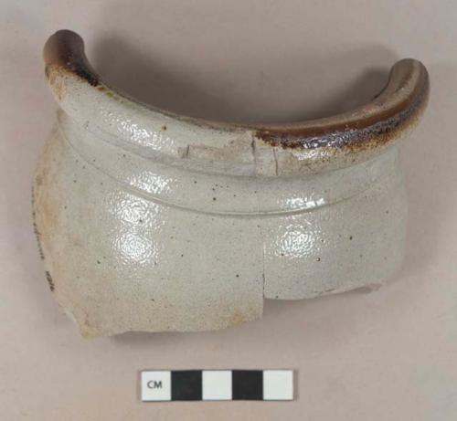 Gray undecorated salt glazed stoneware vessel rim , likely jar, gray paste, dark brown interior