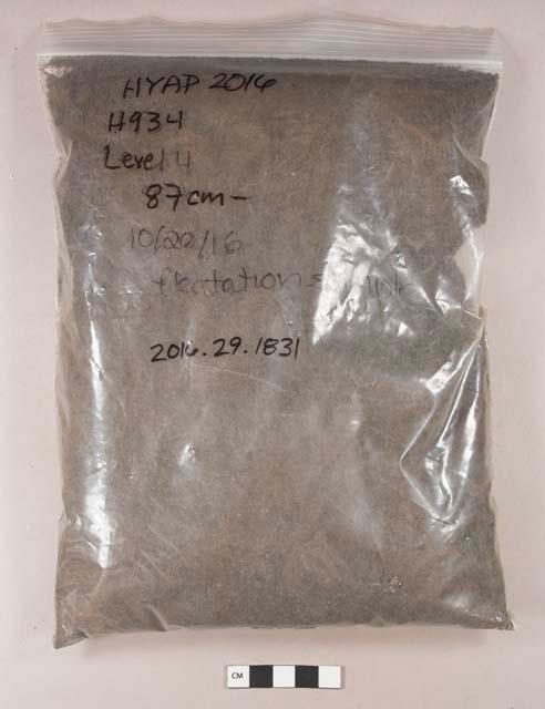 Soil sample collected for flotation, Sandy silty loam, munsel color 7.5YR 3/2 dark brown