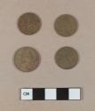 US denomination coins, 1 nickely alloy nickel coin dated 1981; 3 cuprous alloy pennies, 1 dated 1974, 2 dated 1980, all coins corroded