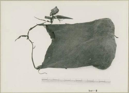 Animal-skin bag ornamented with a duiker horn, beads, and two wooden objects, and a ruler for measurement