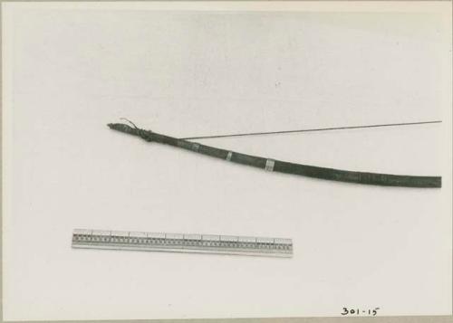 Tip of bow where the string is wound and a ruler for measurement