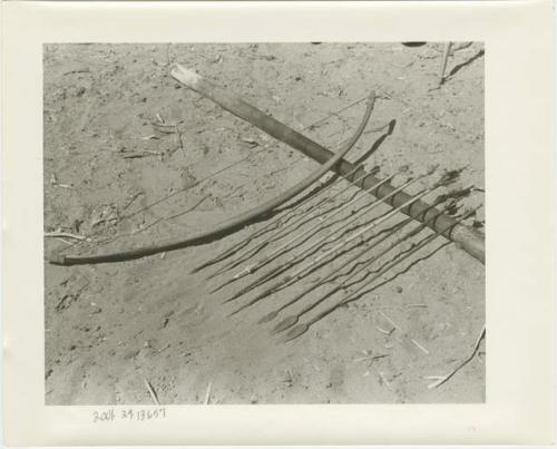 Bow and eight feathered arrows with metal or wood points (print is a cropped image)