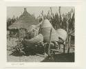 Nets and storage baskets on a platform, a thatched roof on poles, a tobacco plant, and a hut in the background (print is a cropped image)