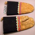 Pair of lined skin mittens with broad blue cloth cuff edged with applique