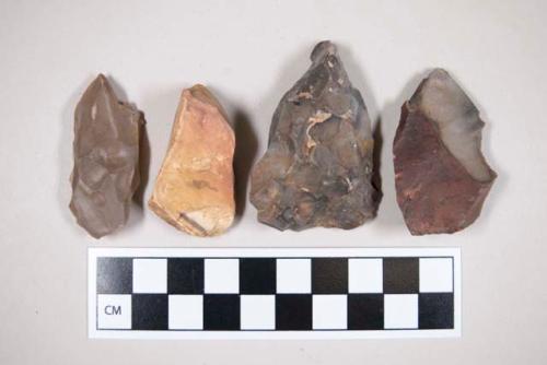 Chipped stone, burins?, tan, brown, gray, cream, two specimens have reddish coloring, some cortex