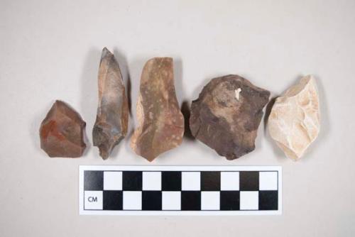 Chipped stone, burins?, tan, gray, cream, or reddish in color, some cortex