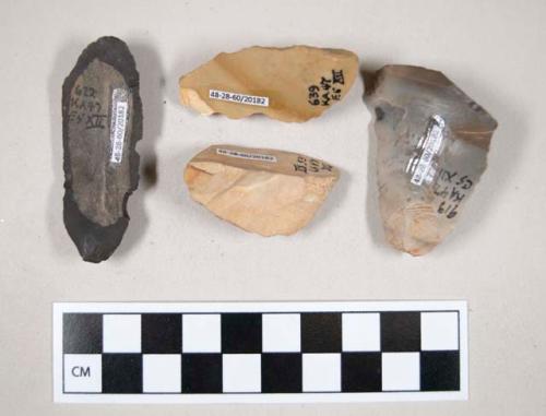 Chipped stone, flint scrapers, one with cortex