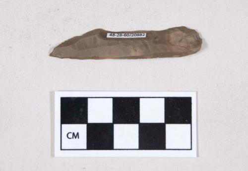 Chipped stone, flint blade, with possible retouching at one end