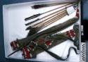 Bow case and quiver containing bow and 8 arrows. Hide case with fringes. Quive