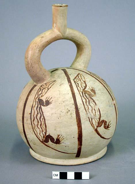 Ceramic bottle, stirrup spout, red on cream zoomorphic & linear design