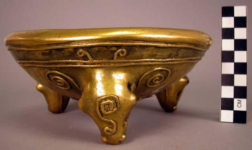 Shallow tripod bowl - copper-gold electro plate on a pottery vessel