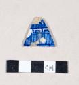 Blue transfer printed ironstone body sherd; two sherds crossmended with glue. Printed on one side with "STON / CHIN"