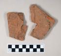 Redware roof tile fragments, with nail holes