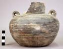 Gray stamped pottery jar with a broken neck and 2 small handles