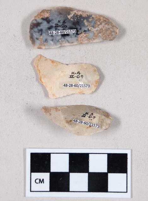 Chipped stone, flint blades, some with cortex, some with possible retouching or use wear