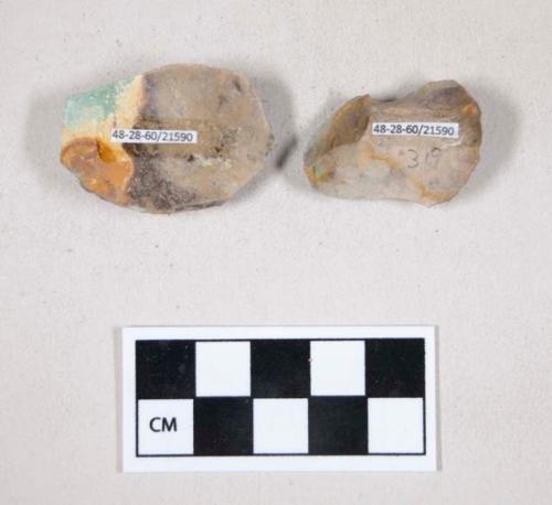 Chipped stone, flint scrapers, one with cortex, with blue-green color