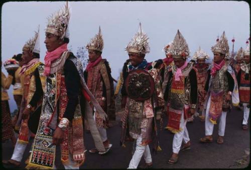 Baris gede dancers in Purnama procession to Pura Batur