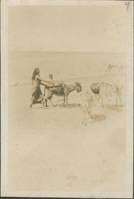 Girl carrying a goatskin full of water to be loaded on a donkey's back