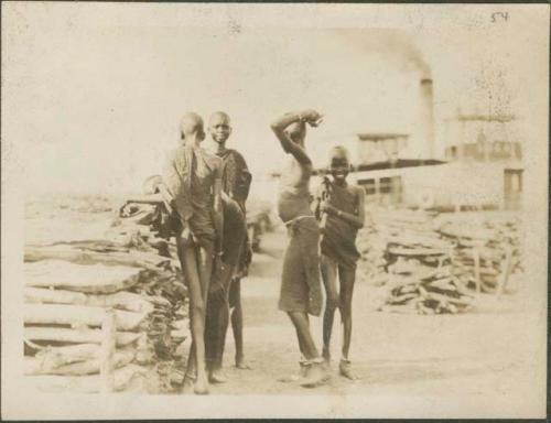 Dinka children standing next to stacked wood pile, wood used as fuel for Nile River steamer