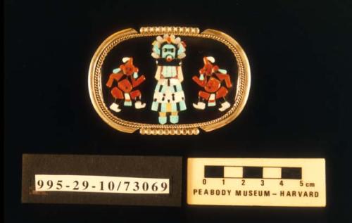 Inlaid belt buckle of Shalako and two Mudheads