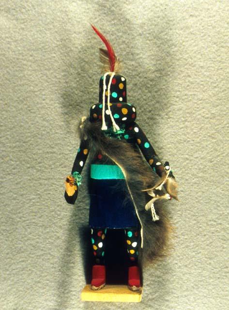 Shulawitsi kachina of cottonwood root with rabbit fur bandolier