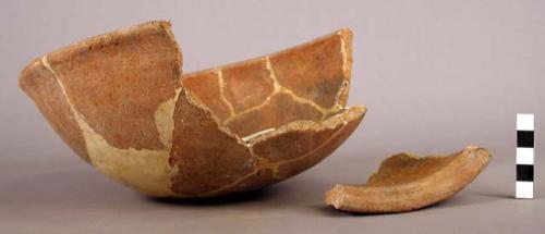 Potsherds and 5 red bowls; large red jar, fragmentary; bowl, incised decoration,