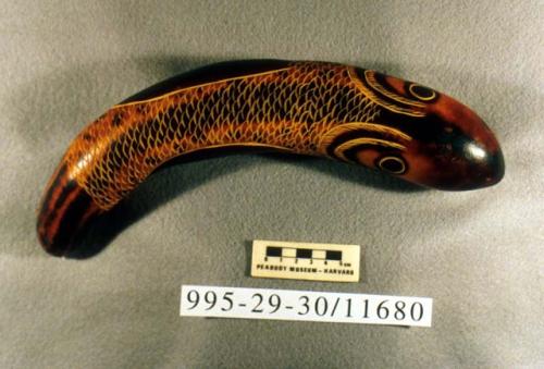 Carved and incised gourd rattle depicting a fish